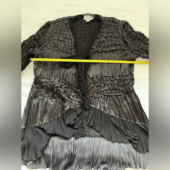 JOSEPH RIBKOFF Sheer Bell Sleeve Tie Front Black Jacket Crinkle High Low Ruffle - Picture 16 of 17